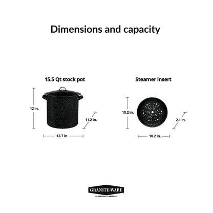 Enamel on Steel Multiuse Pot, Seafood / Tamale / Stock Pot Includes Steamer Insert, 15.5-Quart, Black