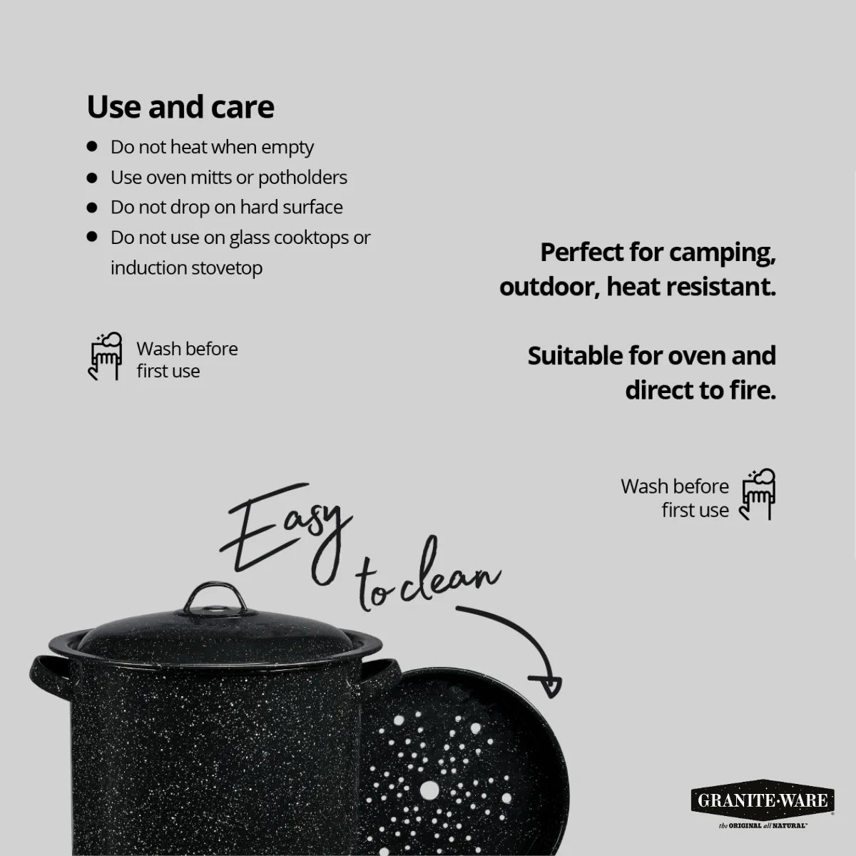 Enamel on Steel Multiuse Pot, Seafood / Tamale / Stock Pot Includes Steamer Insert, 15.5-Quart, Black