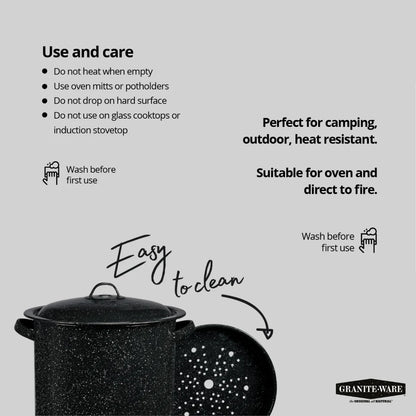 Enamel on Steel Multiuse Pot, Seafood / Tamale / Stock Pot Includes Steamer Insert, 15.5-Quart, Black